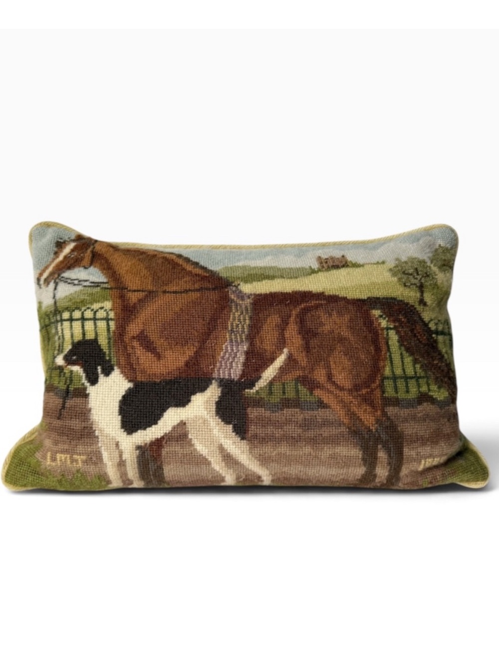 Vintage Suffolk Punch Horse and Hound English Landscape Needlepoint Pillow 12x19